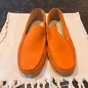 Laurent Eiffel Leather Orange Driver, Size 46, St. Barts Silhouette On Sole